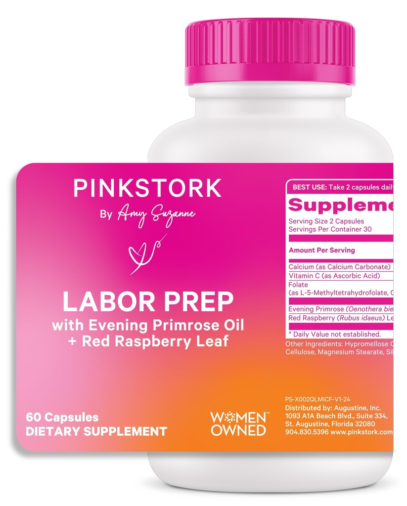 Pink Stork Labor Prep Supplement – Evening Primrose Oil & Red Raspberry Leaf para o terceiro Trimester, Gentil Labor & Apoio Postparto, Gravidez & Amamentação Seguro, 60 Cápsulas Vegan