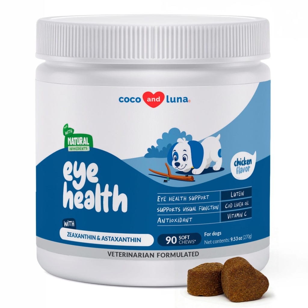 Suporte ocular para cães - 90 Mastigação Macio - Suplementos para visão, Vitaminas Oculares para cães, com óleo de bacalhau Antioxidante, Dog Omega Supplement, Omega 3 EPA e ácido gordo DHA.