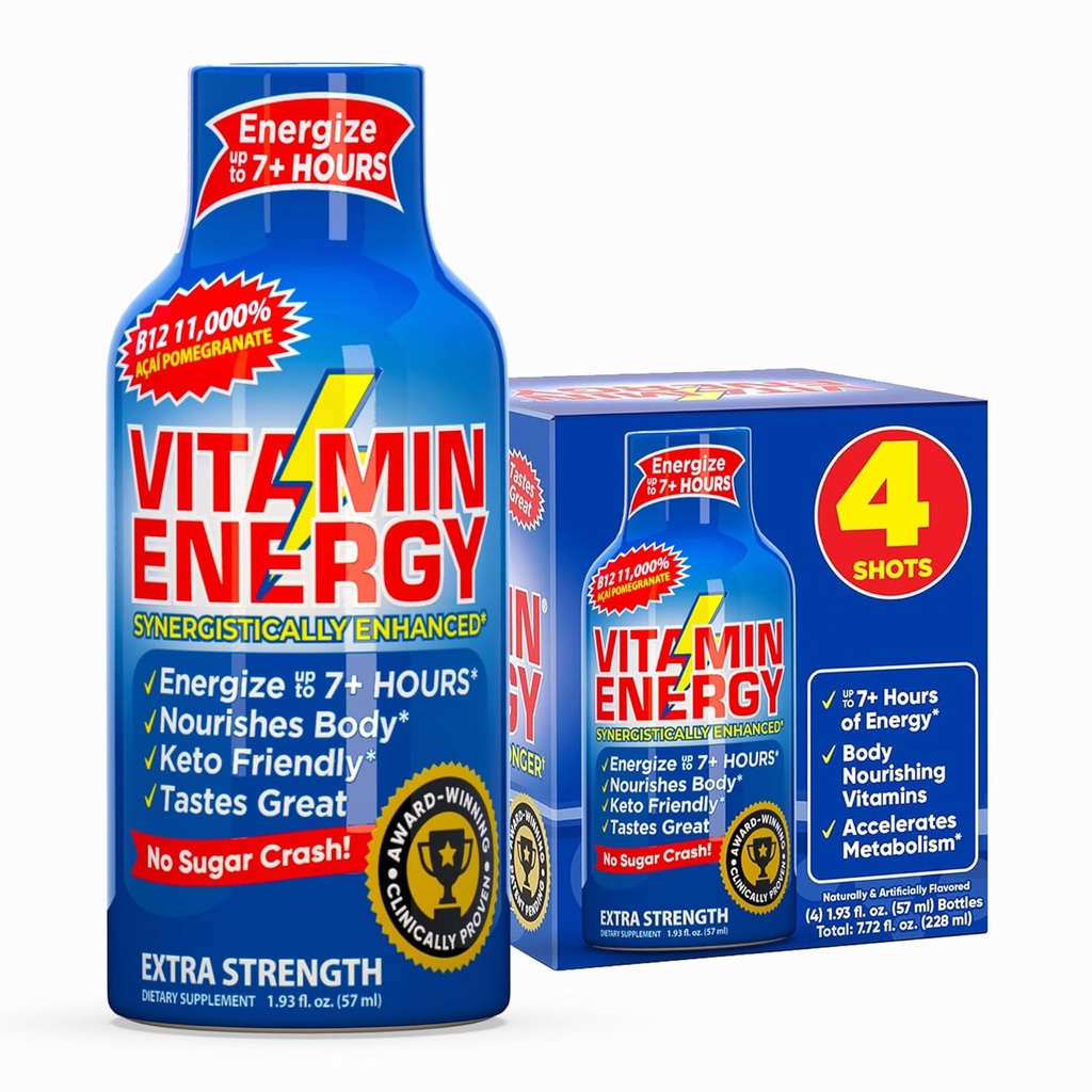 Vitamina Energia B12 11,000% Força extra Energia Tiro Açaí Romã 4 Pack, 260mg Cafeína Natural, B12 & B6, Foco Nootrópico, Vitalidade, Açúcar Zero, Sem glúten, Vegan, Kosher, 1,93 fl oz