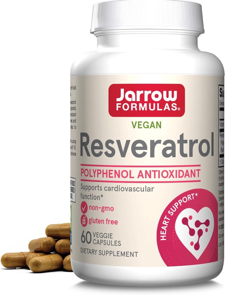 Jarrow Formulas® Resveratrol 100 mg, Suplemento dietético, Apoio Antioxidante para Função Cardiovascular, 60 Cápsulas Veggie, Fonte de 60 dias