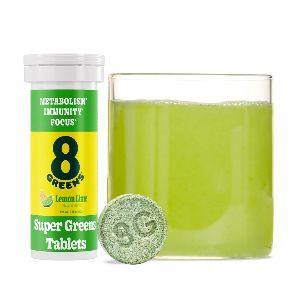 8Greens Supergreens Tablets Super Greens Powder Superfood Tablet, Metabolismo Imunidade e Foco, Verdes diários Comprimidos Efervescentes, Orgânico: Aloe Vera, espirulina, chlorela, Limão, 10 Servings