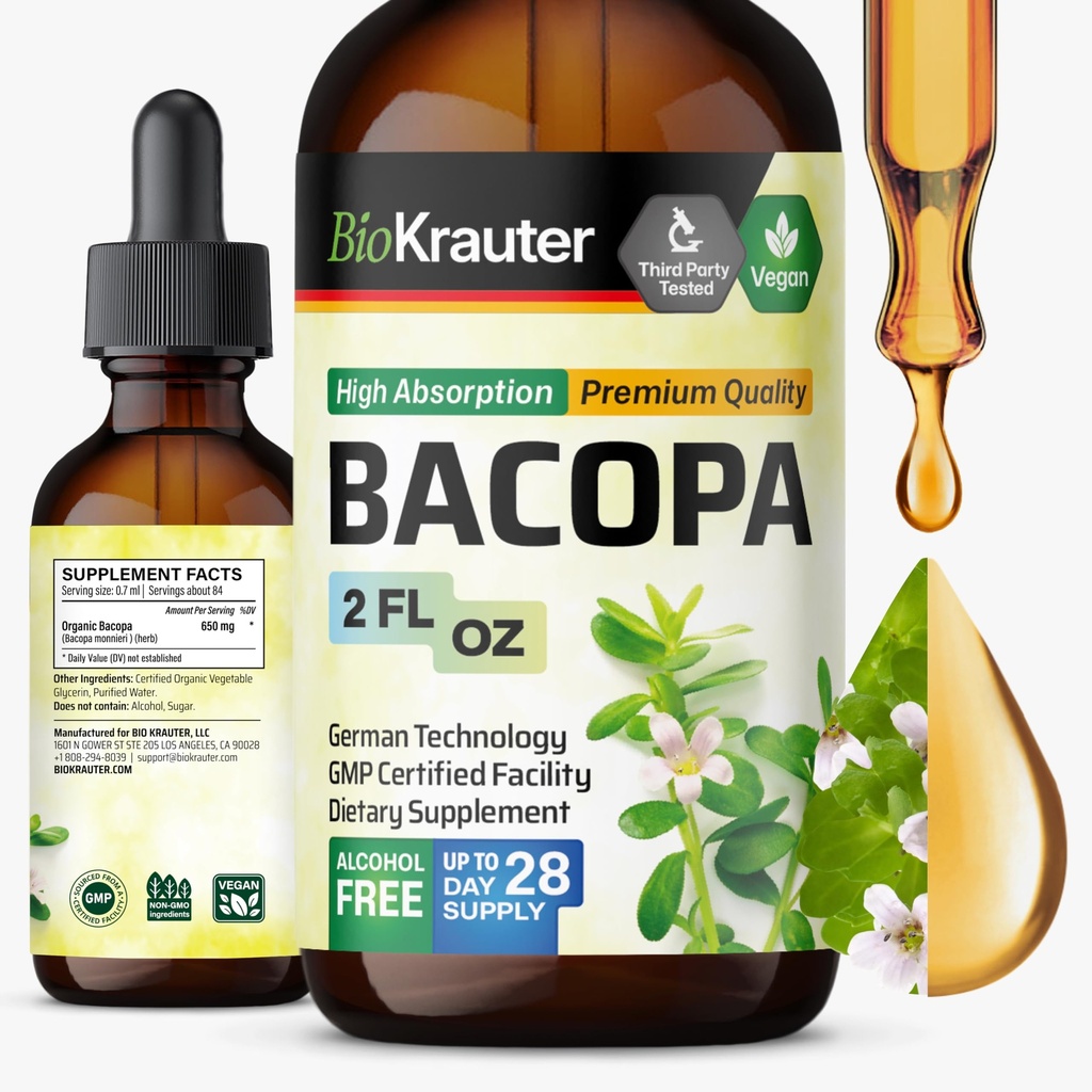 BIO KRAUTER Bacopa Monnieri Drops - Suporte ao cérebro Suplementos Brahmi - Suplementos Bacopa líquido - Álcool & Açúcar Grátis - Vegan 2 Fl.Oz.