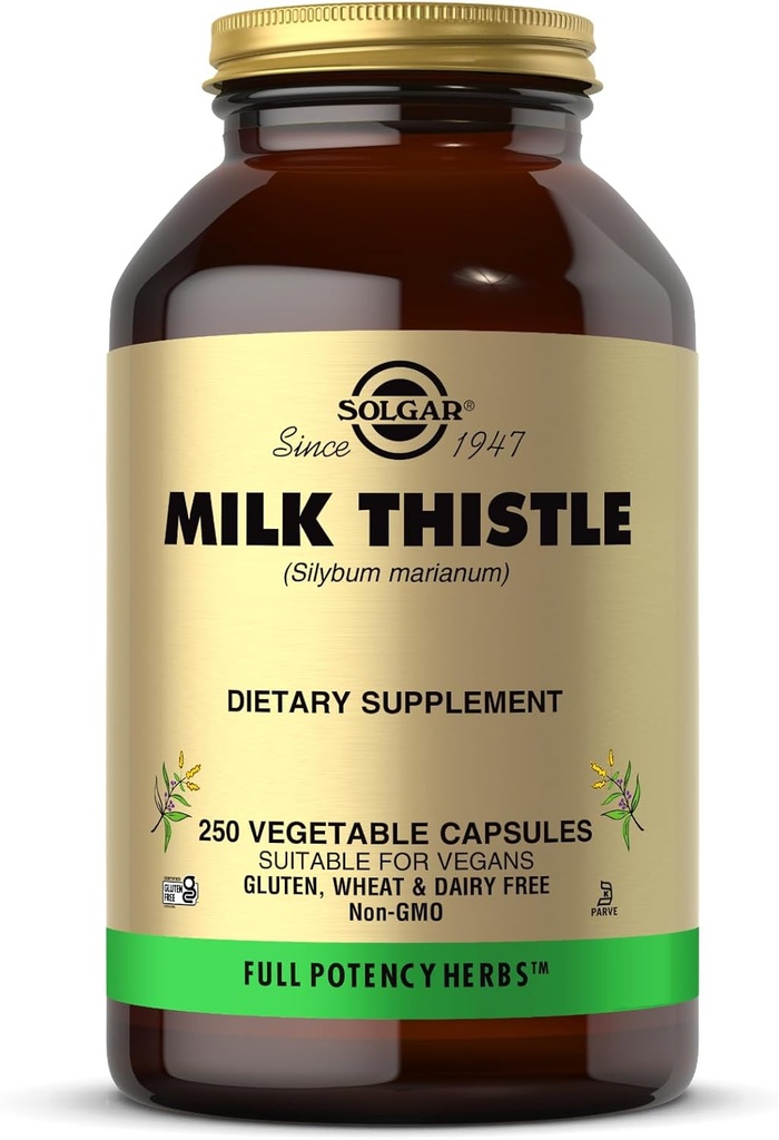 Solgar Milk Thistle - 250 Cápsulas Vegetais - Potência total (FP) - Não-GMO, Vegan, Gluten Free, Leite Livre, Kosher - 250 Servings