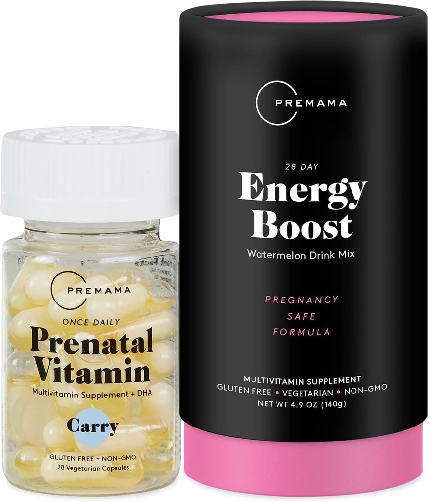 Premama Pré-natal Vitamina Energia Melhorar a bebida Mix & Pacote de suporte pré-natal, Omega 3, B Vitaminas, DHA, Folato, 28 Servimentos