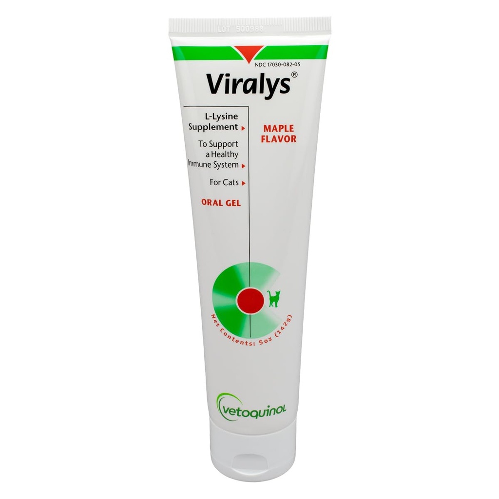Vetoquinol Viralys L-Lysine Gel diário para gatos e gatinhos, Maple Flavored Lysina Suplemento para gatos e gatinhos para apoiar a saúde imunológica, função ocular normal e saúde respiratória, 5 onças