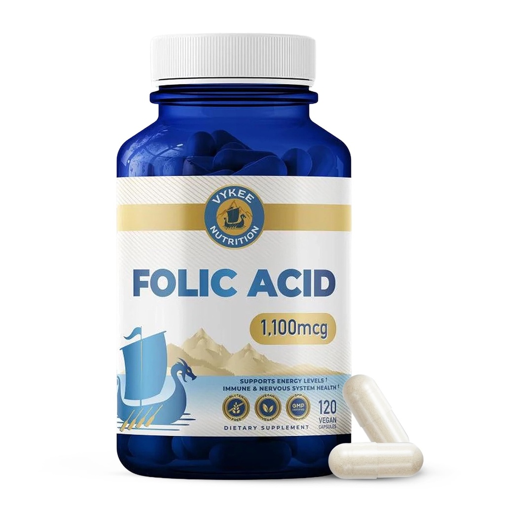 Suplemento de ácido fólico – Vitamina B9 de alta potência 1,870mg Folato de DFE, 1,100mg Ácido fólico Vegan, Não-GMO - Suporta Saúde Celular, Produção de Energia e Bem-Estar Pré-Natal