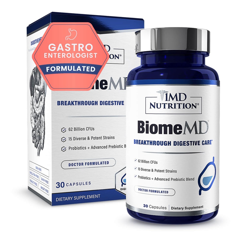 1MD Nutrition BiomeMD Probióticos 62 bilhões de UFCs, 15 Strains abrangentes - Pro & Prebióticos - Doutor-Formulada para Saúde Digestiva e Suporte Imune
