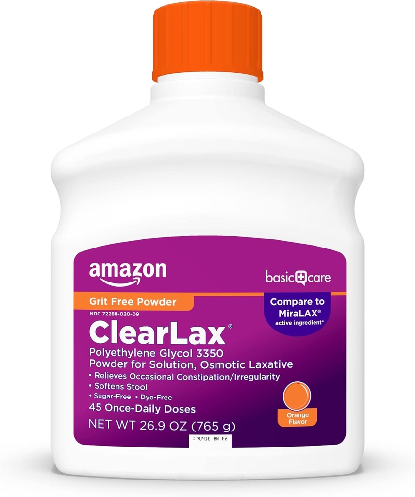 Cuidados básicos ClearLax, pó de laxante para alívio da constipação suave, amolece o escabelo, polietileno Glycol 3350, sabor laranja, 1,68 libra (Pacote de 1)