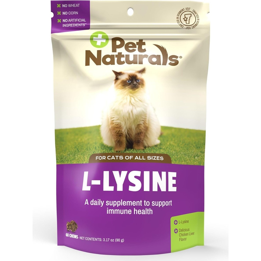 Naturals de animais de estimação Lisina para gatos, sabor de frango, 60 mastigações - Imune e suporte respiratório para gatos - Sem trigo ou milho - Vet Recomendado