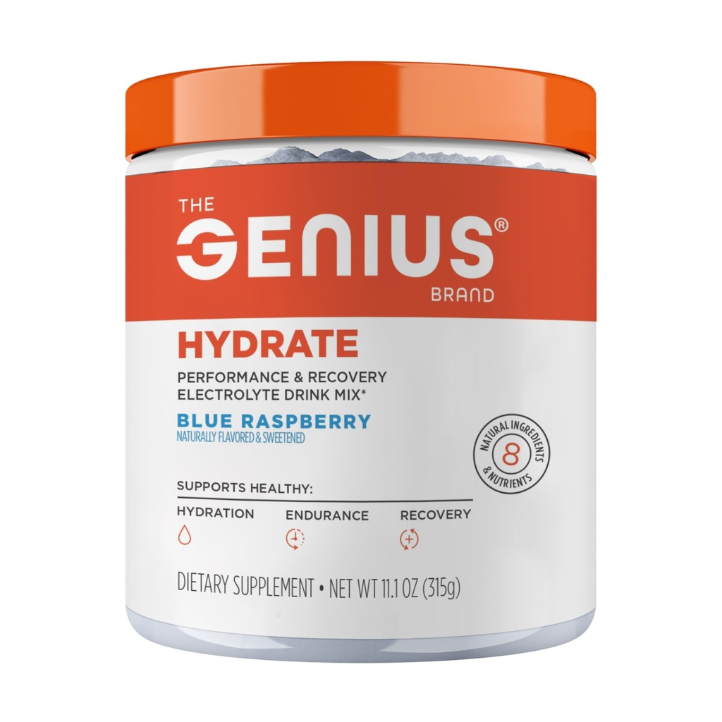 Genius Brand Genius Hydrate - Suplemento Eletrolítico para Hidratação Diária - Água de coco - Livre de Açúcar - 8 Minerais essenciais & Nutrientes - Não-GMO - Framboesa Azul - 50 Servings