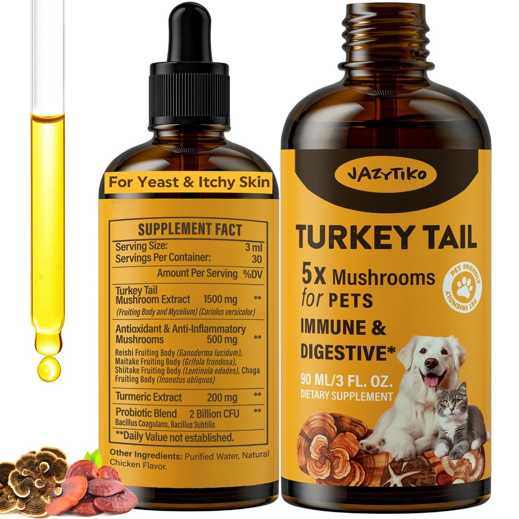 Cogumelo de cauda de Turquia para cães - Absorção mais rápida 2000mg Cogumelo de cauda de Turquia para Imune & Digestive, Joint, Energy, 5X Cogumelos para Pet Drop com Cúrmico & Probiótico - Vet Formulado, 90 ML/3FL.oz