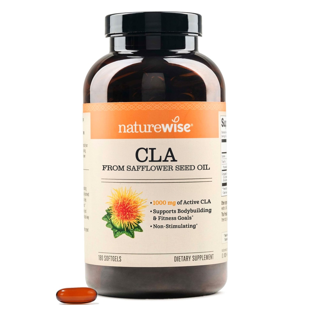 NatureWise CLA 1250 - Conjugado Ácido Linoleico Suplemento para Mulheres e Homens, Não Estimulando, Suporta Peso Saudável, Objetivos Fitness - Não-GMO, Glúten Livre - 180 Softgels[2-Mês de Abastecimento]