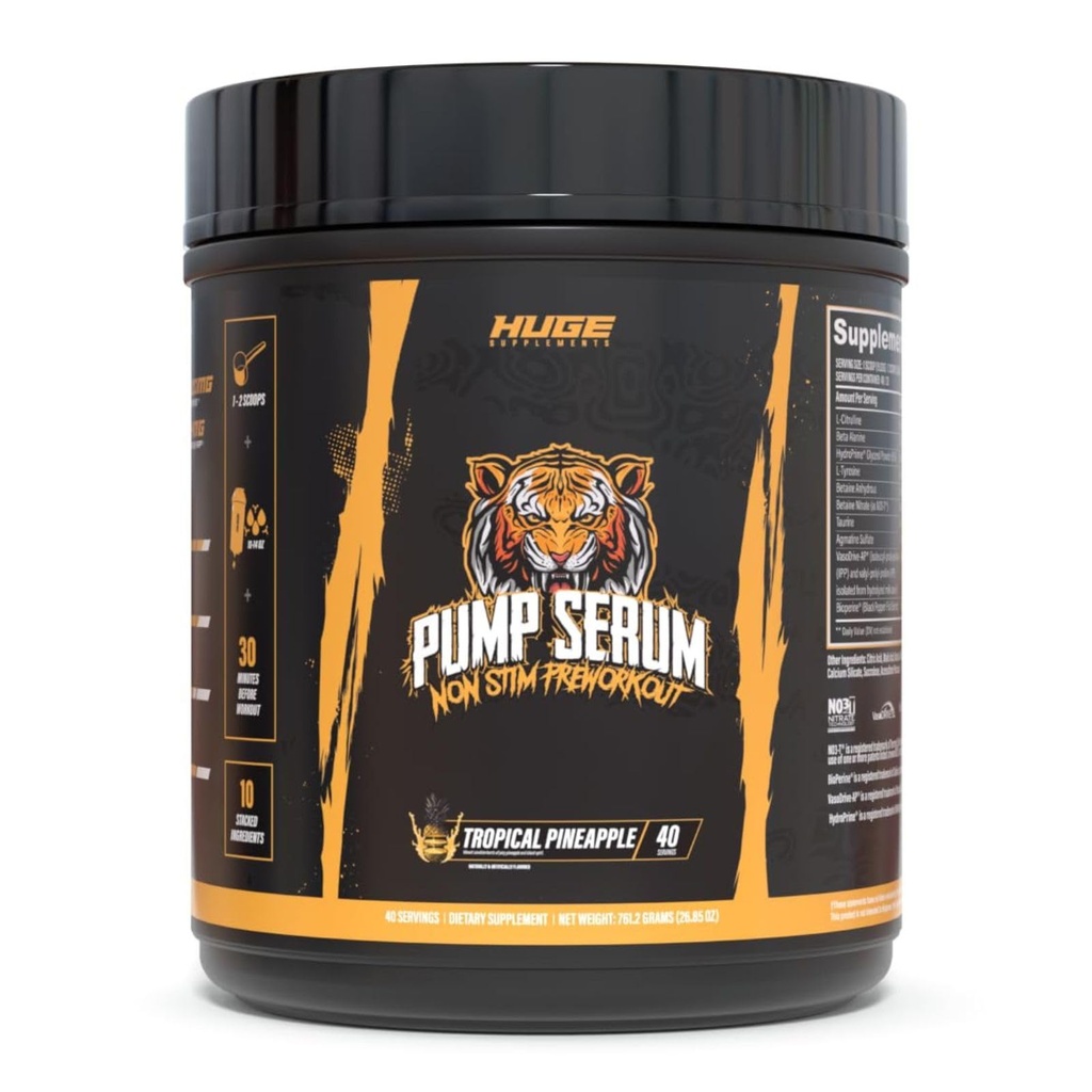 Enormes suplementos de bomba de soro, Stim livre pré-treino e óxido nitroso impulsionador para melhorar o foco, bombas, plenitude sem cafeína, L-citrulina, GlycerPump, L-Tirosina, Nitrosigina (Pananá tropical)