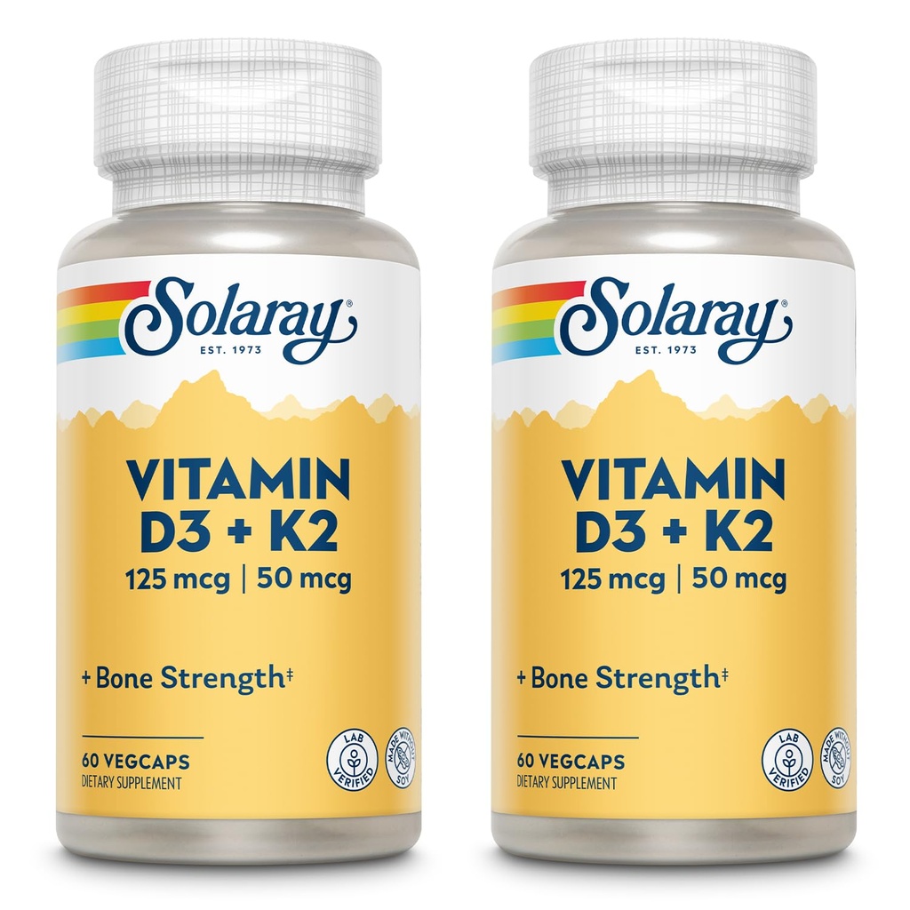SOLARAY Vitamina D3 + K2, D & K Vitaminas para Absorção de Cálcio e Suporte para Sistema Cardiovascular Saudável e Artérias, Não-GMO & No Soy