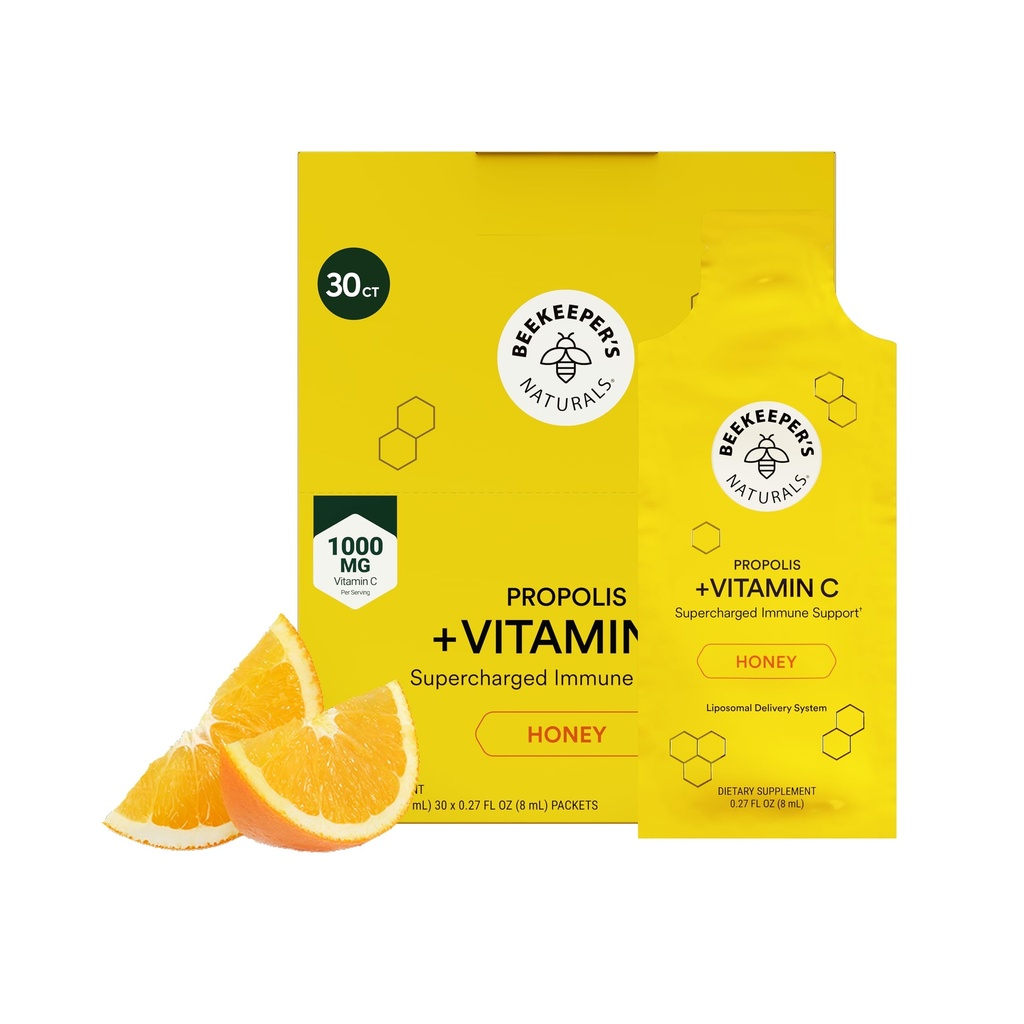 Vitamina C lipossomal de própolis por naturais de apicultor, 1000mg de vitamina C, própolis e mel orgânico, suporte imuno supercarregado e aumento da bioavailibidade para absorção Max, 30 Ct