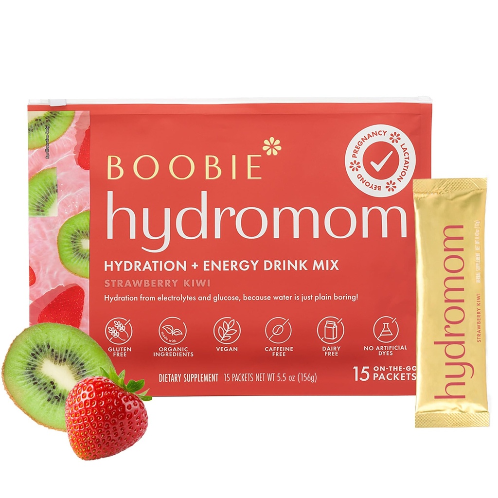 Boobie Hydromom Superfood Electrolyte Drink Mix, Morangueiro Kiwi Refreshing Energy & Hydration Boost for Mamas □ Em curso e viagem Essentials for Gravidez, Lactação, & Beyond, 15 Packets