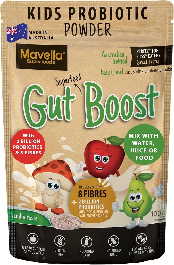 Crianças Probiotic Gut Boost Pó – Digestivo diário & Imune Suporte com fibra para crianças crianças, Vanilla Flavored Suplemento de fibra, Easy Mix para constipação & Gut Saúde 3.52oz (100g)