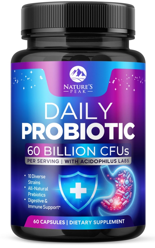 Probióticos 60 bilhões UFC - 10 Strains + Enzimas Digestivas & Prebióticos - Melhor Probiótico para Mulheres e Homens, Suporta Imune, Gut Health, Obstipação Ocasional, Diarreia, Gás e Bloating - 60 Cápsulas