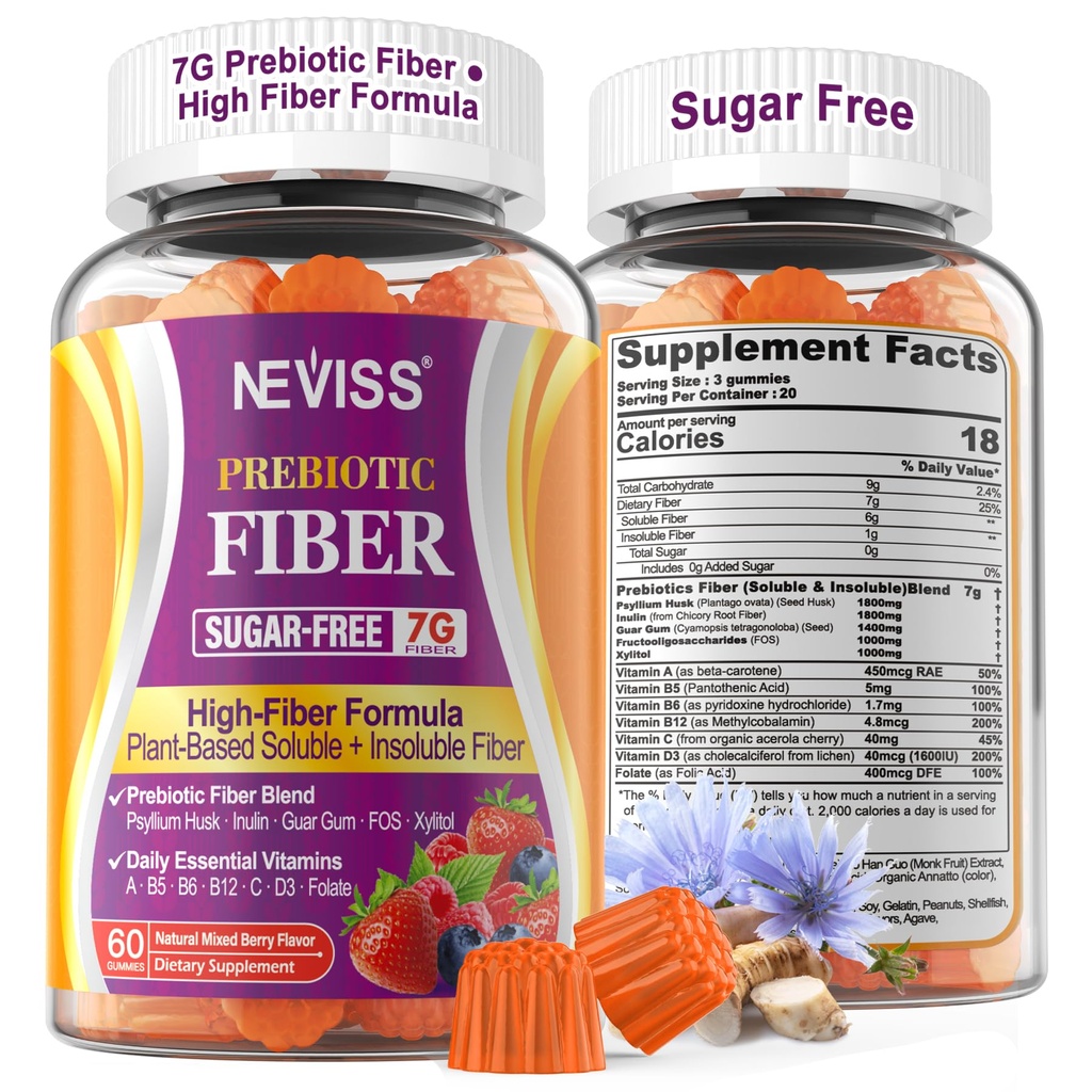 1Pack de gomas de fibra para adultos com Psyllium Husk, 7G (Soluble + Insolúvel) Fibra Prebiótica Diária com Inulina, FOS, Guar Gum, Multivitaminas para a Saúde Digestiva Diária, Regularidade Suporte Gut, Açúcar Livre