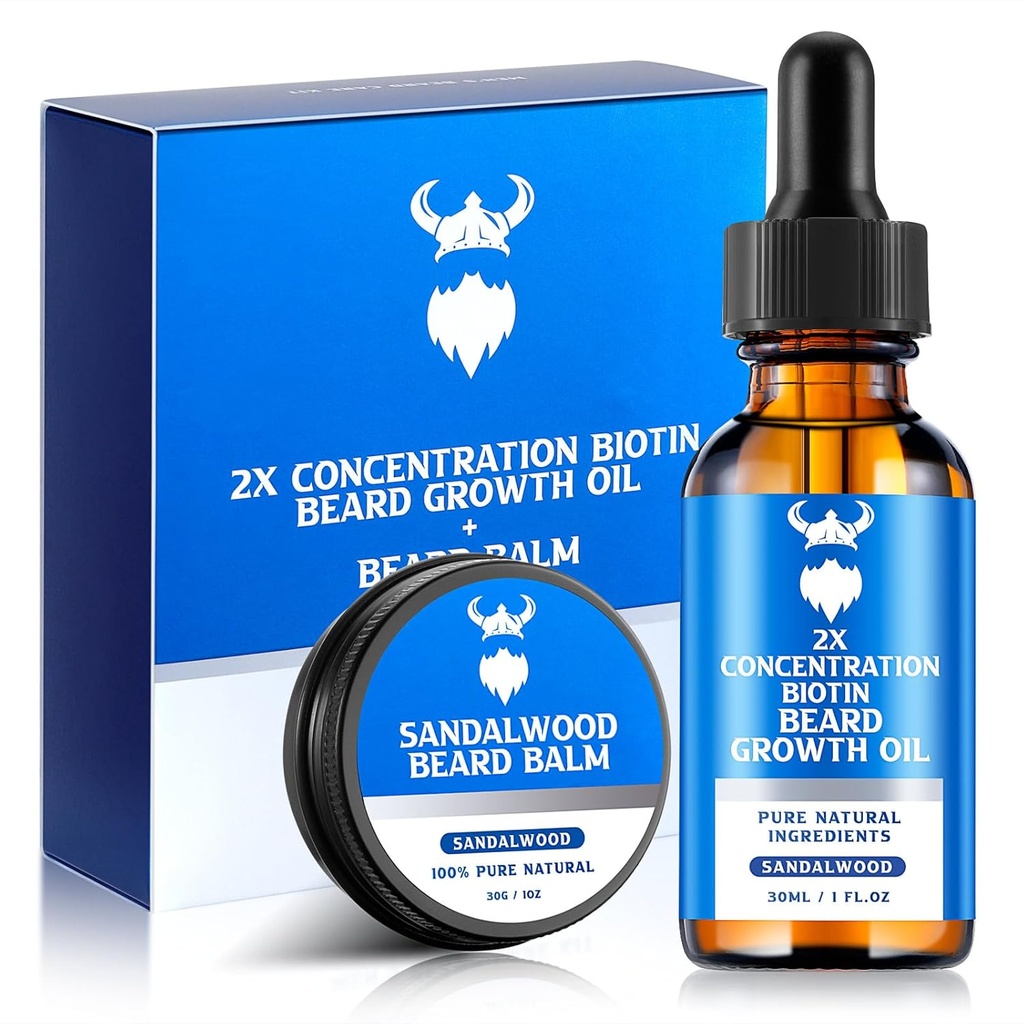 Óleo de crescimento de barba e bálsamo de barba - Kit de crescimento de barba com biotina de concentração 2X para homens, ingredientes naturais com óleo de Argan, óleo de Jojoba e vitamina (Sandalwood)