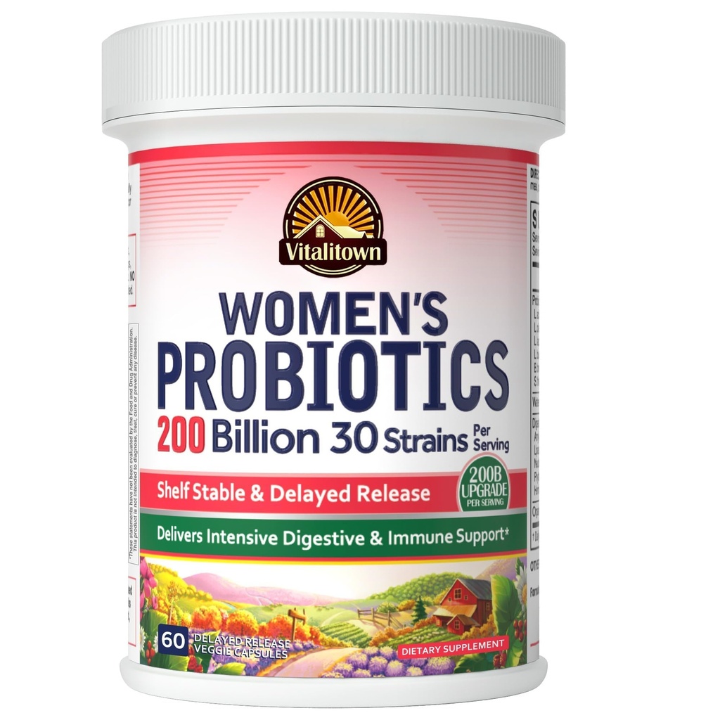 Vitalitown Probióticos das mulheres 200 bilhões de UFC 30 Strains 60 quilates Estable, Resistente ao ácido □ Repovoar boas bactérias, Digestivo Intensivo & Suporte vaginal
