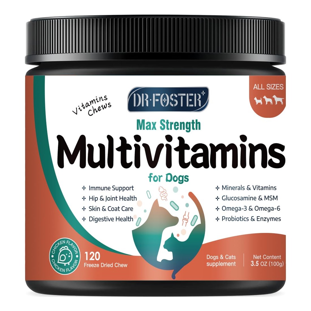 Multivitamina de cão com glucosamina, Omega 3, Minerais, Probióticos e Enzimas, Vitaminas de cão e Suplementos para cuidados articulares, pele & casaco, Saúde Digestiva e Imune, Sabor de frango - 120 Mastigações