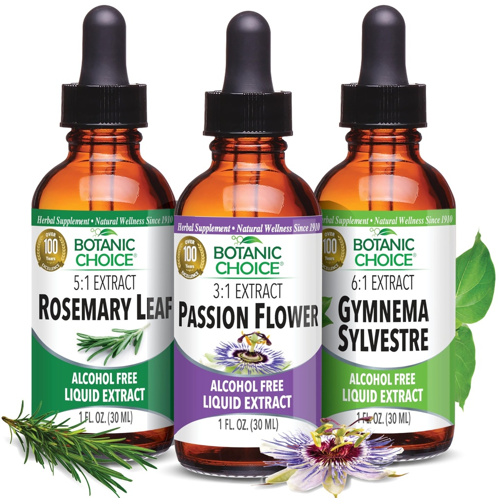 Botanic Choice Passion Flower, Rosemary Leaf, & Gymnema Sylvestre Extrats Bundle – Daily Global Wellness Kit para o bem-estar geral (1 fl. Oz. Cada)