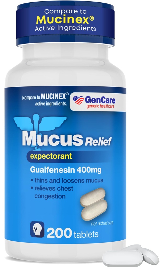 GenCare Mucus Relief Expectorant Guaifenesin 400 mg 200 Tablets Value Pack - Fast Actioning Thinning of Mucus for Colds, Chest Congestion, Gripe, Tosse e Alergias