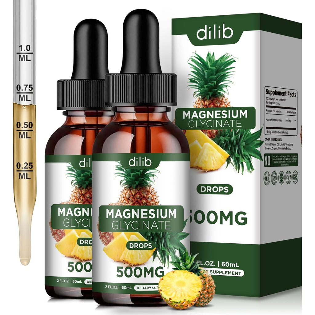 (2 Pack) Suplemento de glicinato de magnésio, Glicenato de magnésio líquido gotas de líquido 500mg-suporte alívio de estresse, Relaxamento, humor, sono, osso e músculo-4 Fl Oz, Vegan, flavor de abacaxi