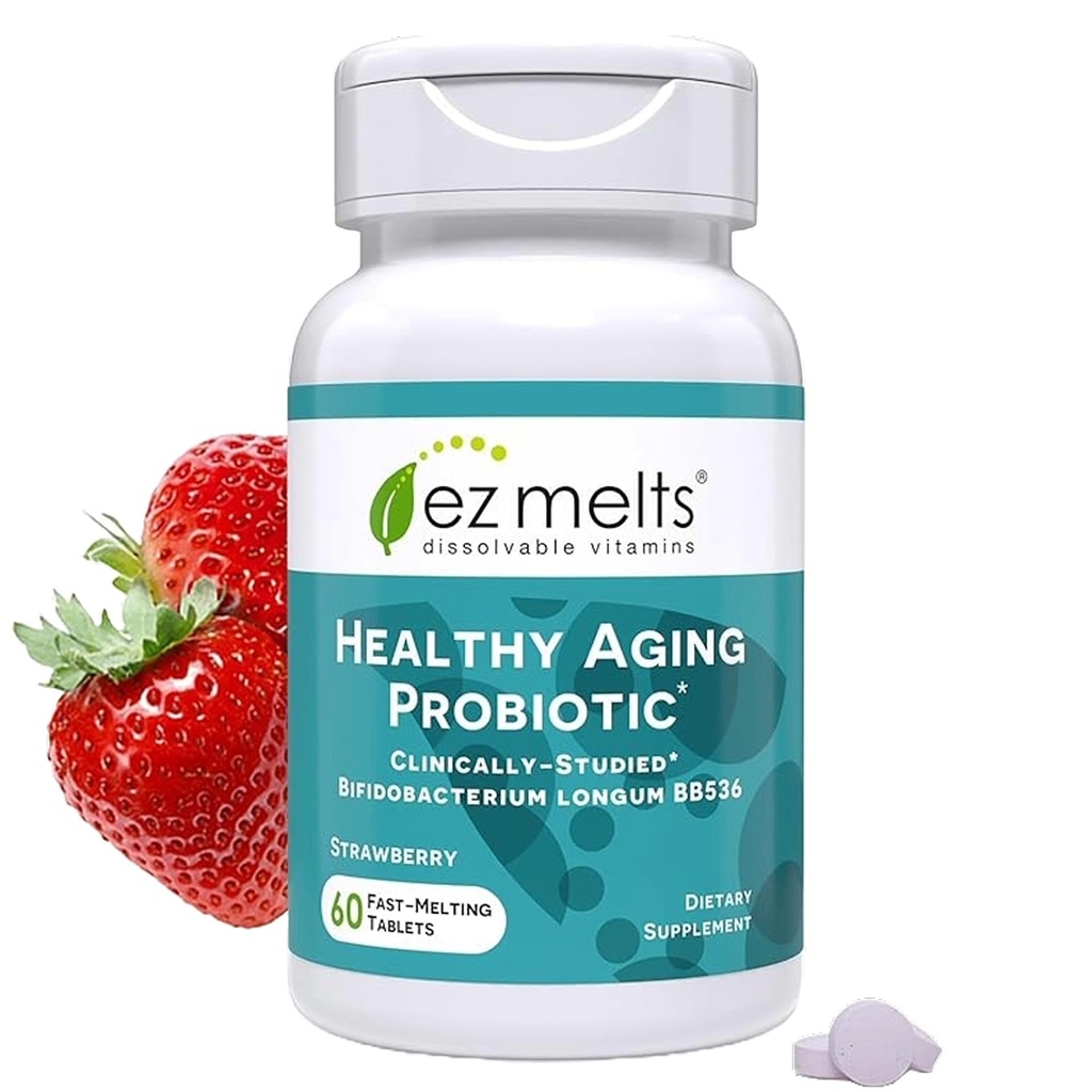 EZ Derrete Dissolvável Envelhecimento Saudável Probiótico, Bifidobacterium Longum BB536 (2 bilhões de UFC), Livre de Açúcar, Probióticos para Mulheres e Homens 50+, 2 meses de fornecimento - 1 pacote