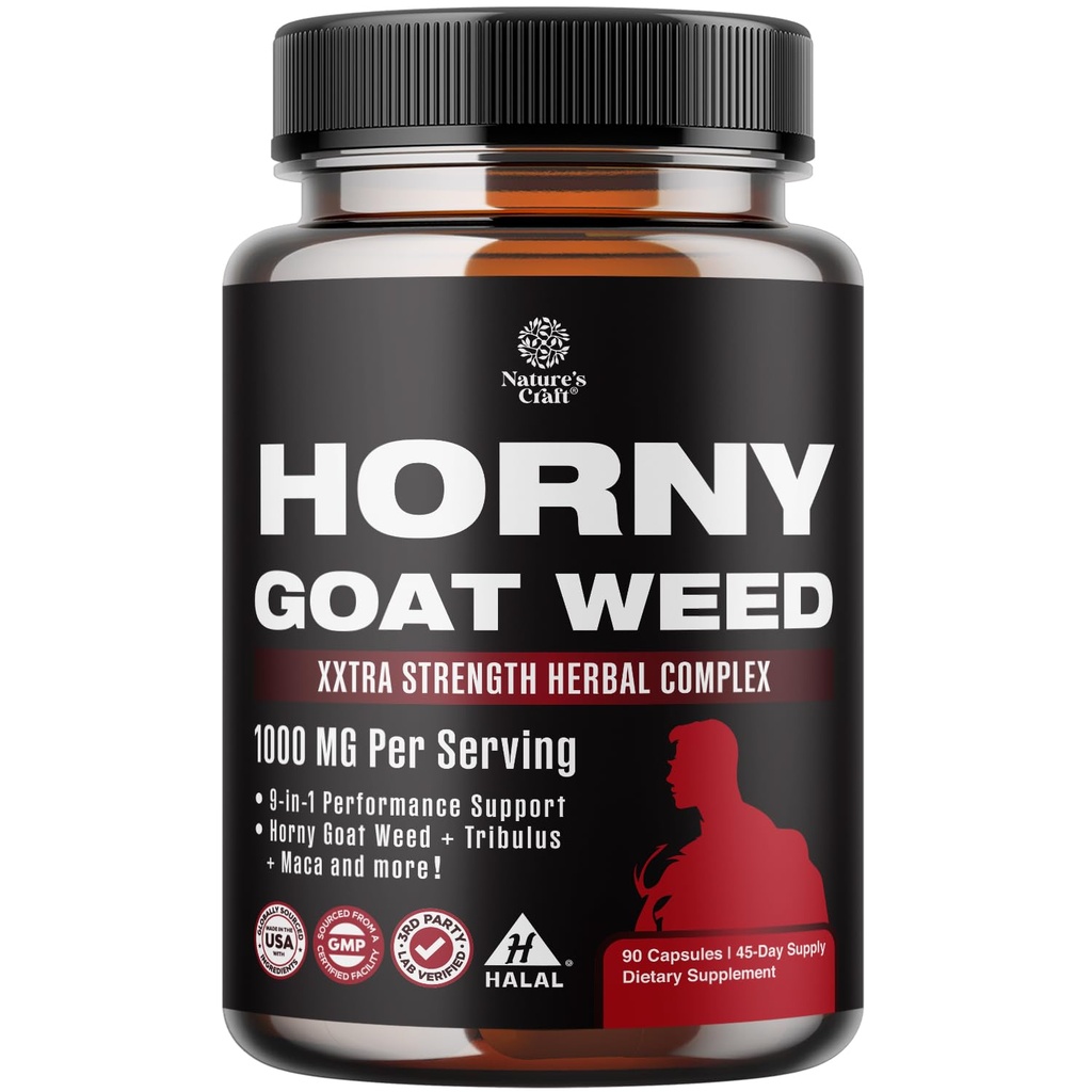 Naturezas Craft Horny Goat Weed para homens - Suplemento masculino de força extra com Black Maca Root, Tongkat Ali, Saw Palmetto & Panax Ginseng Extract para resistência e energia - 90 Cápsulas