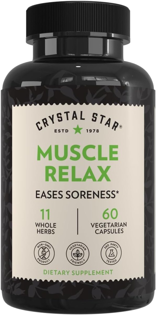 Cristal Star Muscle Relax (60 Cápsulas) – Alívio de ervas dos músculos doloridos, Cães & Spasms – Raiz Valeriana, Jamaica Dogwood & Cram Bark - Não-GMO
