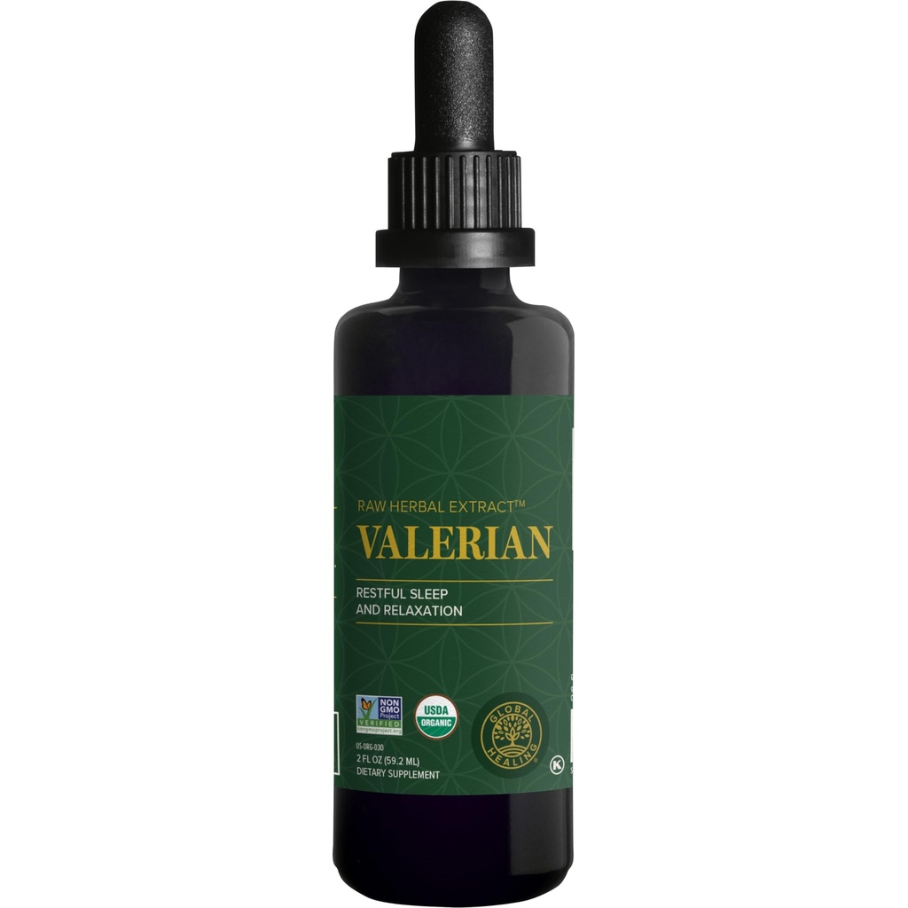 Global Healing Organic Valerian Raot Extract Liquid Supplement - Raw Herbal Extract for Healthy Relaxation, Sleep & Calm - Alternative to Valerian Root Capsules for Biodisponibilidade - 2 Fl Oz