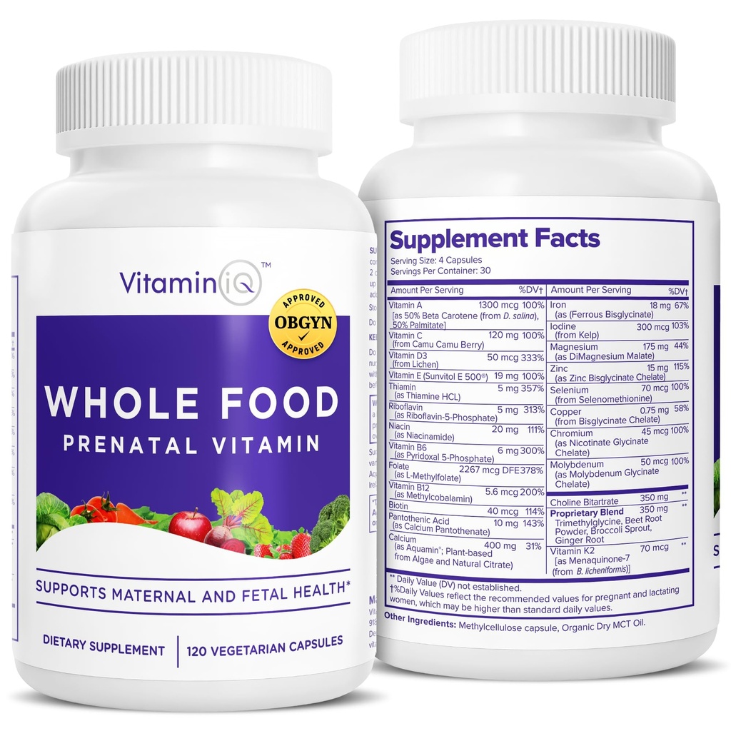 Alimentos inteiros Vitaminas pré-natais (120 Cápsulas) Suporte Natural para a Saúde Materno e Fetal, Multivitamino pré-natal para mulheres com cholino, B Vitaminas e Mais, Vegan, Sem Soja, Glúten ou Dairy