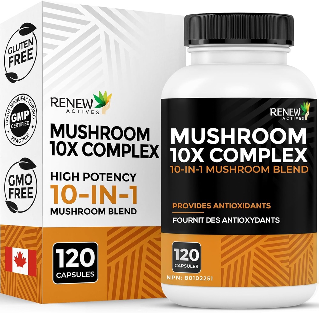 RENEW ACTIVES Complexo de Cogumelo 2 Cápsulas por Serviço – 10 Mistura de Cogumelo com Antioxidantes para Saúde Imune e Bem-Estar – Suporta Vitalidade Geral & Bem-Estar de Longo Prazo – Feito no Canadá - 120 Cápsulas
