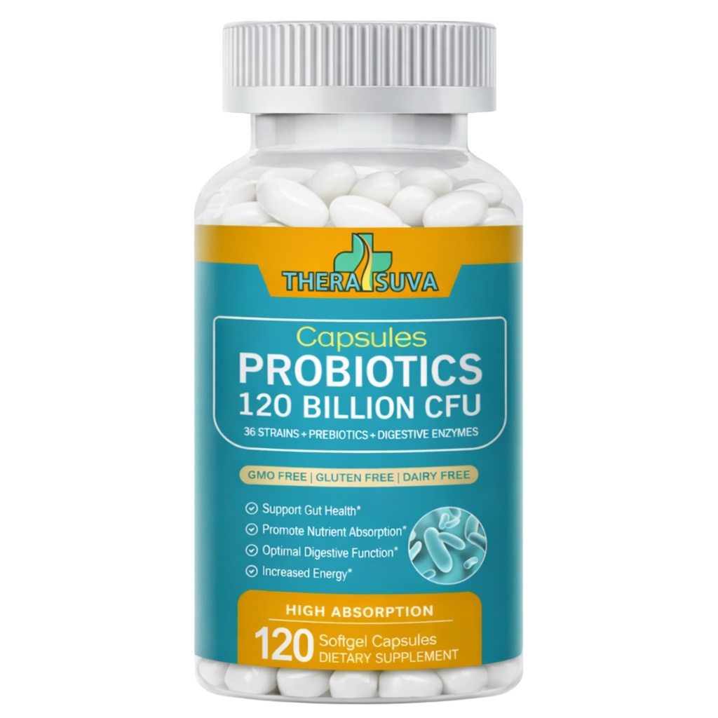 Probióticos 120 bilhões UFC-36 Strains + Prebióticos orgânicos + Suplemento alimentar integral natural para o suporte à saúde Gut Ultimate- 120 Softgels, 60 dias de fornecimento