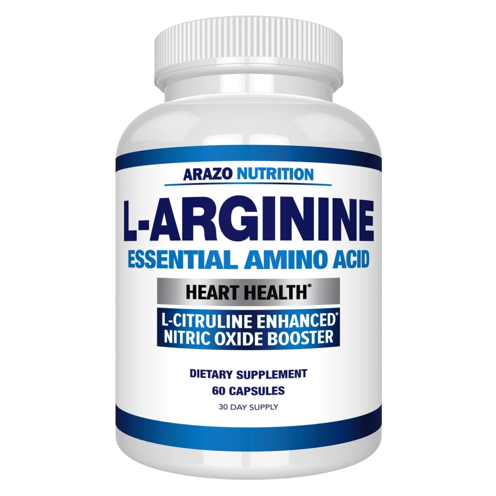 Arazo Nutrition Premium L Arginina - 1340mg Oxide Nitric Booster com L-Citrulina & Aminoácidos Essenciais para ganho muscular e energia - Poderoso NO Booster para treinar mais e mais forte - 60 Cápsulas