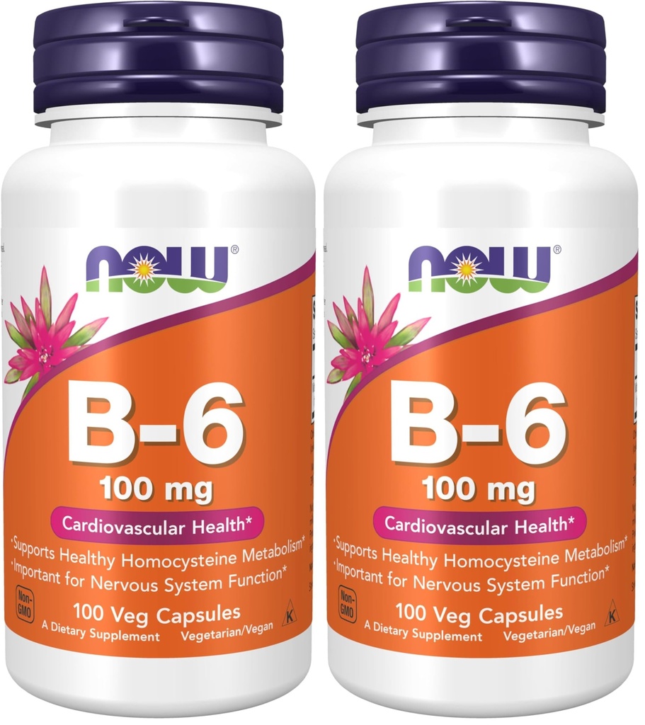 Now Supplements, Vitamina B-6 (Pyridoxine HCl) 100 mg, Saúde Cardiovascular*, 100 Veg Cápsulas (Pacote de 2)