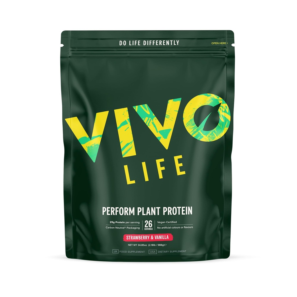 Vida da Vivo Execute Proteína de Planta em Pó - Proteína de Ervilha & Cânhamo Mistura com BCAA (34,85 oz, Morango e Baunilha)