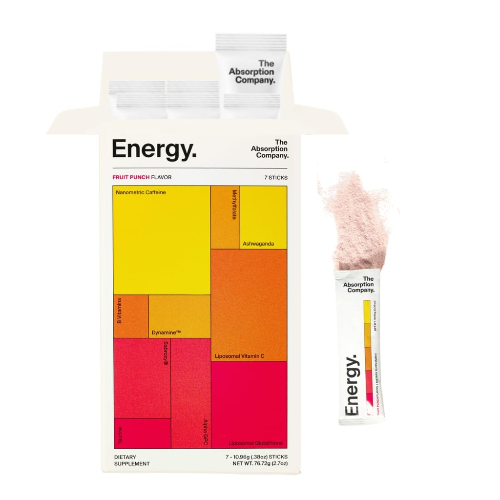 A empresa de absorção Energia Drink Powder Mix Packets – impulsionador de energia limpa para apoiar alerta com 150mg de cafeína natural e vitamina C – Fruit Punch Flavor, 7 Sticks