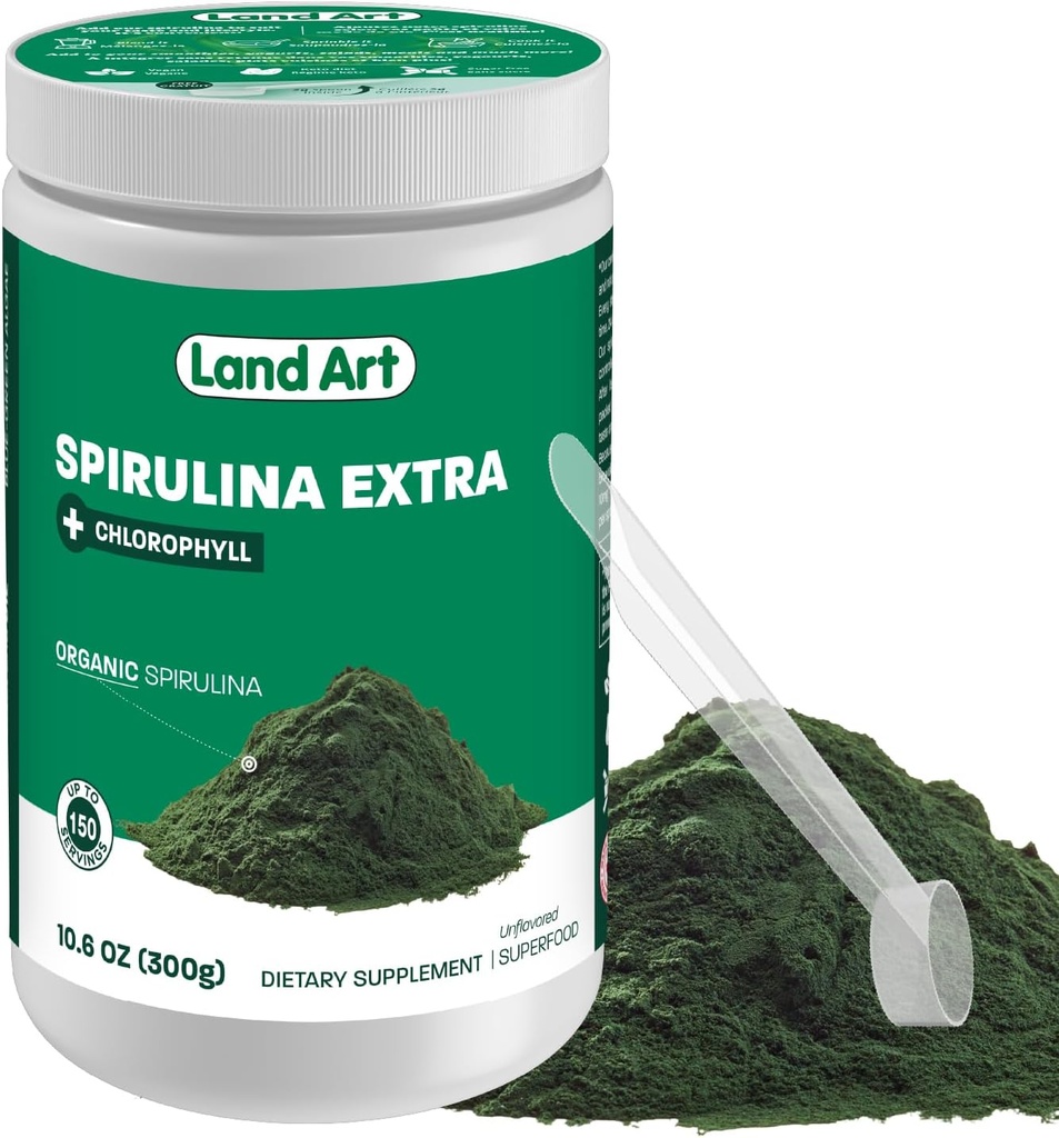 Arte terrestre certificada espirulina fresca fresca Extra pó 300g - melhorado com clorofila biodisponível adicionado - sem sabor - fonte limpa - 3o partido testado - colher de medição dentro
