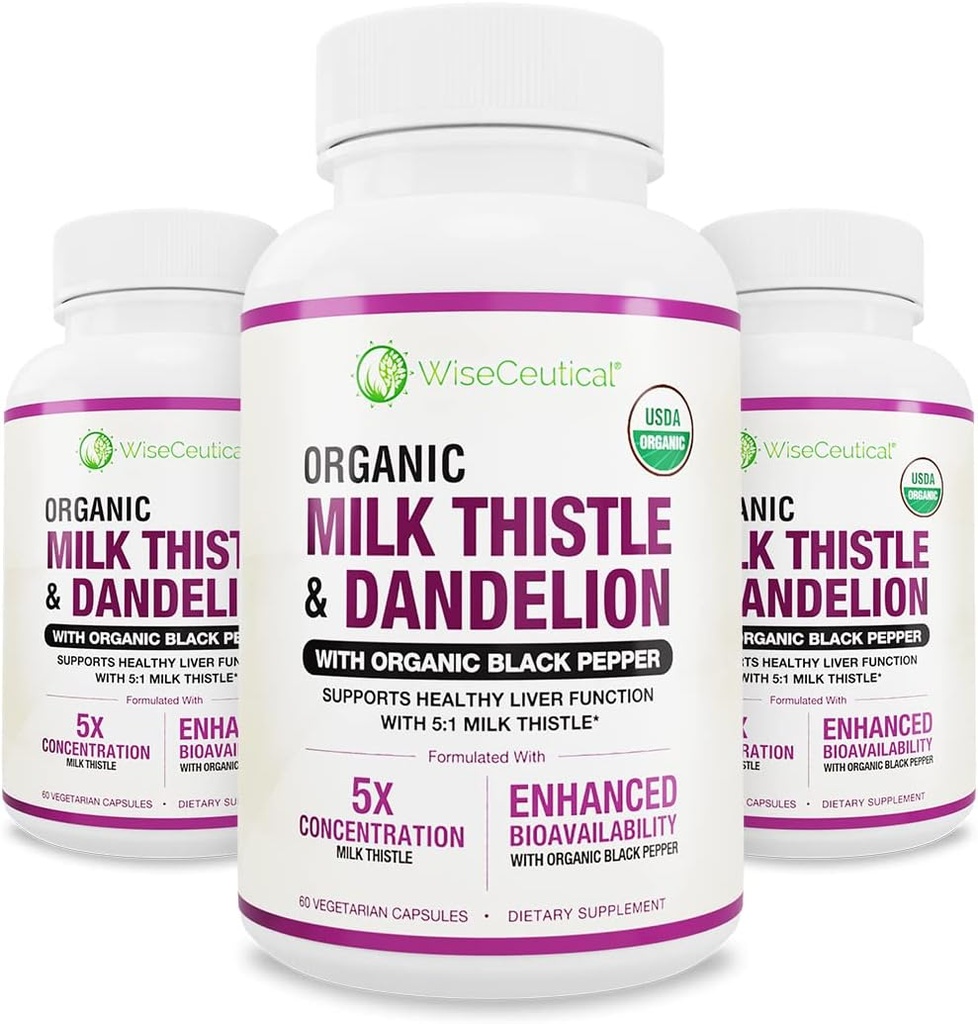 Max Absorção USDA Potencial de Líquido Orgânico 5:1 Extrato Concentrado (2000mg Força) & Raíz Orgânica de Dente-de-Leão (Silymarin Antioxidant Flavonoid) Suplemento de Suporte Fígado (60 Count of 3))