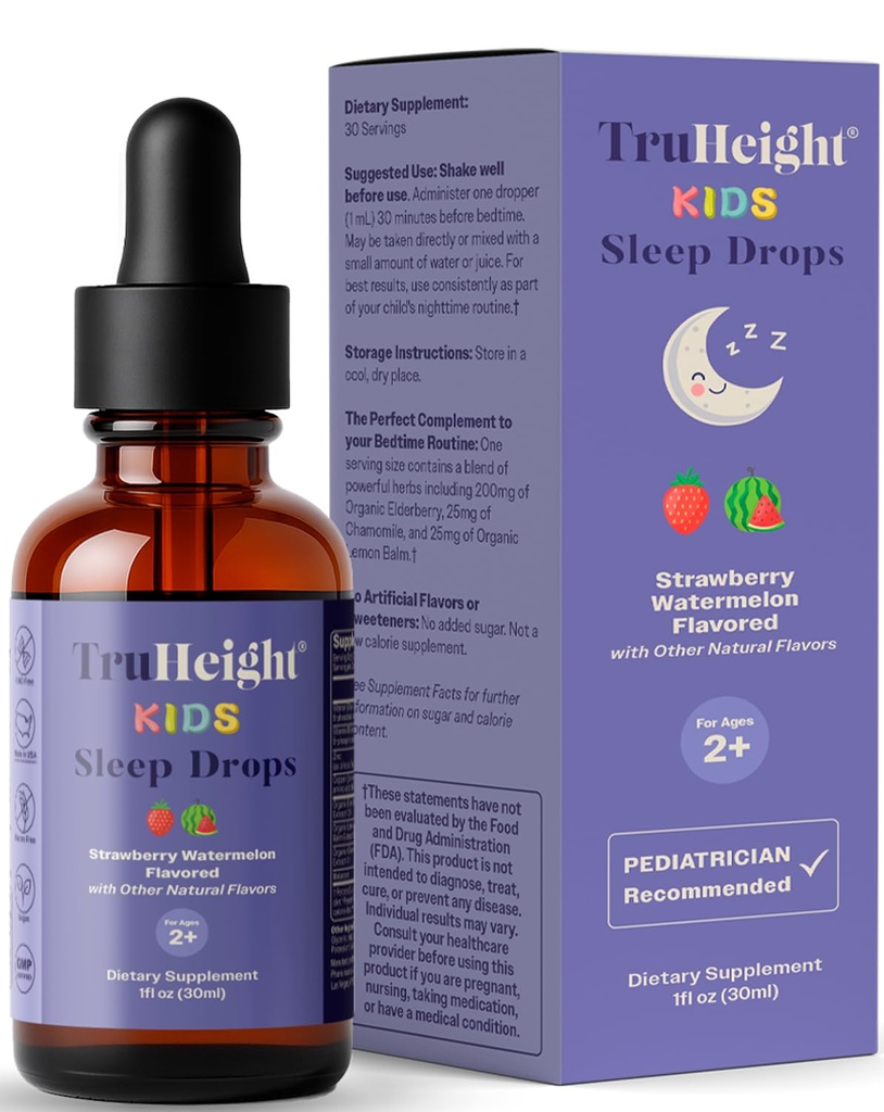 TruHeight Kids Sono Tintura Idades 2+ (Flavor de melancia) - Bebês, crianças & crianças Ajuda natural para dormir - Bebê, criança, Melatonina infantil 2 anos + - Vitamina B6, Riboflavina, Zinco, Cobre, Limão Balm