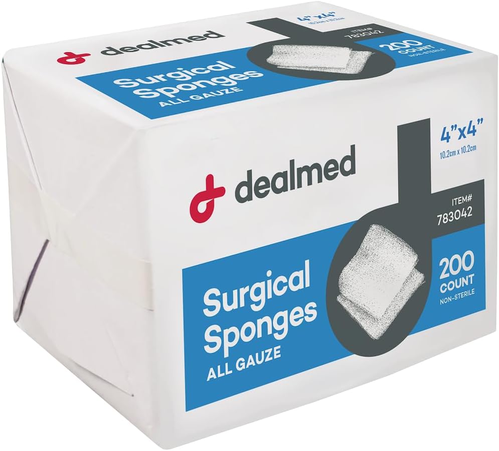 Dealmed 4" x 4" Esponjas Cirúrgicas, 8-Ply, Não-Woven Absorvent Gauze Esponjas para Cuidado de Feridas, Kits de Primeiros Socorros e Instalações Médicas, 200 Contagem (Pacote de 1)