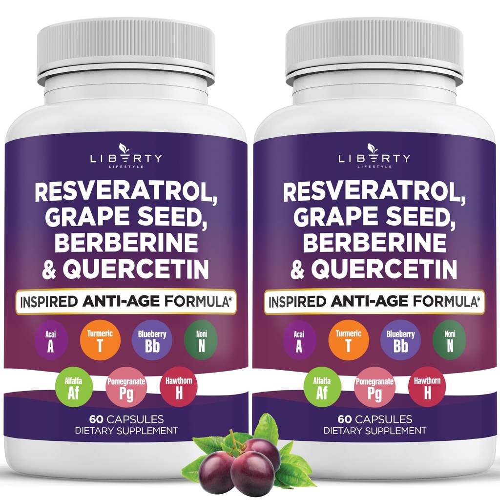 Resveratrol, Berberina, Extrato de Sementes de Uva, Quercetina, Suplemento de Polifenol para Mulheres e Homens com Extrato de Noni, N-Acetil Cysteine, Extrato de Acai - 2-Pack