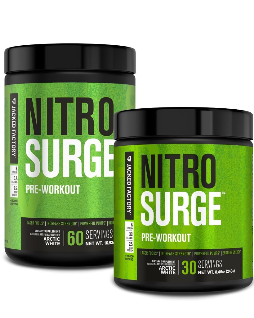 Jacked Factory NITROSURGE Pre Treino Suplemento - Energia sem fim, Ganhos de força instantânea, Foco claro, Bombas intensas - NO Booster & Powerful Pré-treino Energia Pó - 90 Servings, Ártico Branco