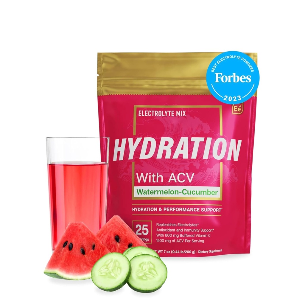 Elementos Essenciais Pacotes de Hidratação - Melancia Pacote de Pepino - Eletrolíticos Livres de Açúcar Pacotes de Pó - 25 Stick Packs de Eletrolíticos Sem Açúcar - Bebida de Hidratação - com ACV e Vitamina C