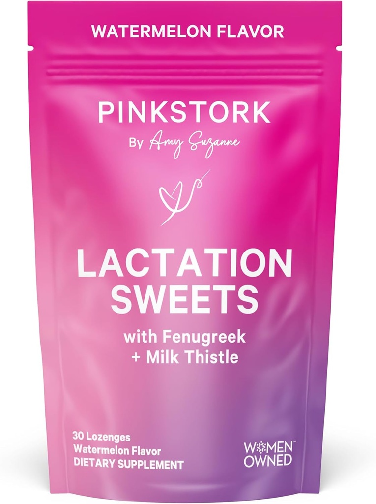 Pink Stork Lactation Sweets Supplement, Lanches de amamentação com feno-grego e cardo de leite para apoiar o fornecimento de leite materno - 30 gotas de doce de melancia (Pacote de maio Vary)