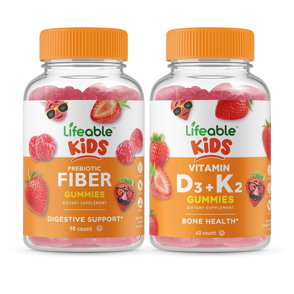 Crianças com fibras prebióticas viáveis + Vitamina D3 + Vitamina K2 Crianças, chicletes Bundle - Grande degustação, Suplemento Vitamina, Sem glúten, GMO livre, chiclete mastigável