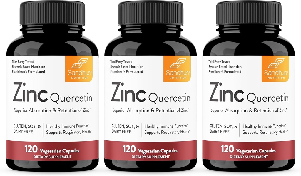 Sandhu's Zinc Quercetin 120 Cápsulas Vegetarianas (Pacote de 3) Suplementos Zinco para Antioxidante Imune Suporte para Homens e Mulheres □ Gluten, Soy, Dairy Free